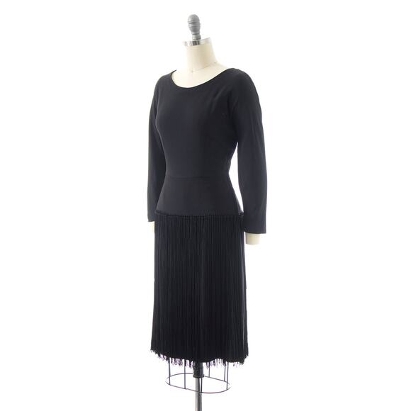 Vintage 1940s Dress 40s Fringe Tassels Black Rayon Long Sleeve Sheath Party - Picture 3 of 9